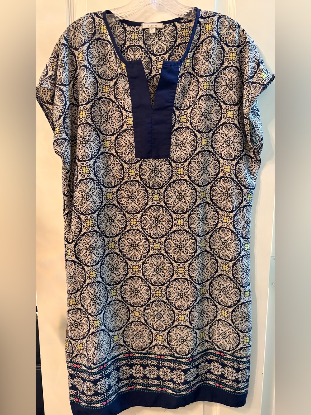 Pleione Navy and White Patterned Women's Tunic Dress with Yellow Accents